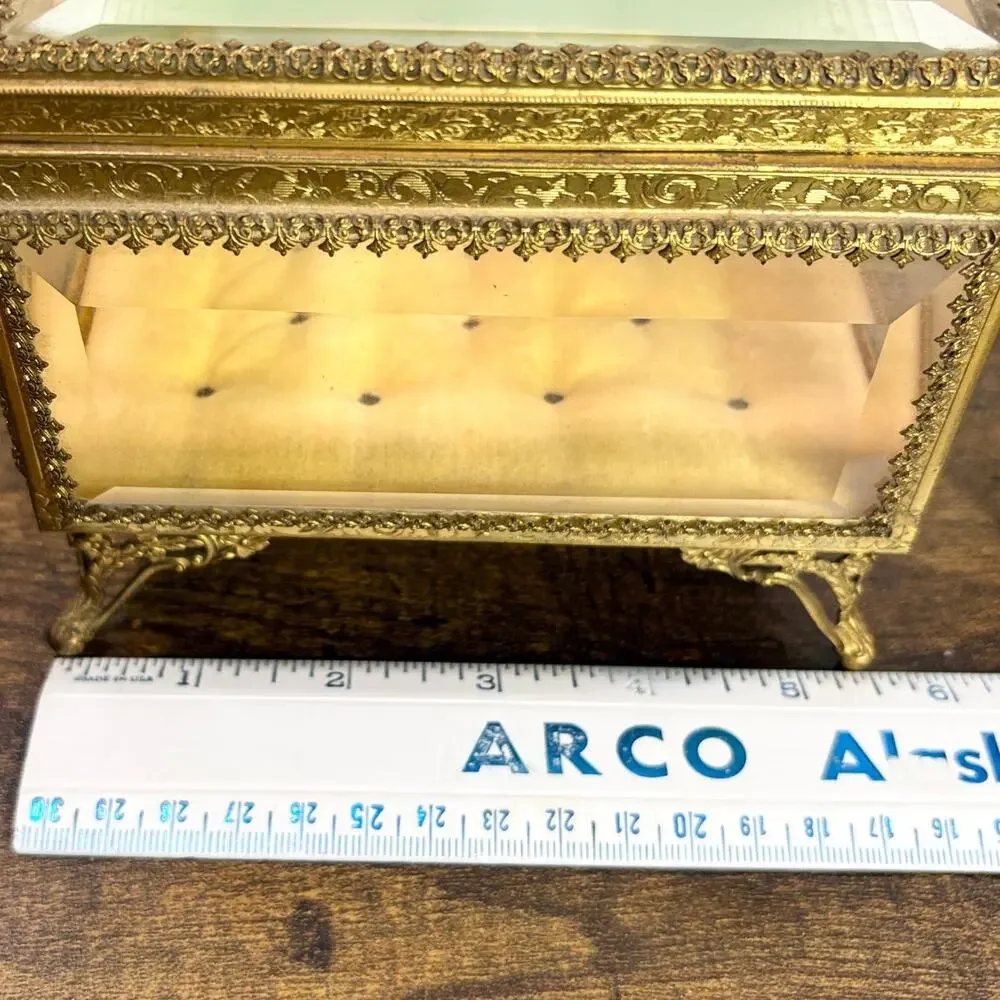 Vintage French Jewelry Box Footed Casket Ormulu Filigree Beveled Glass Regency